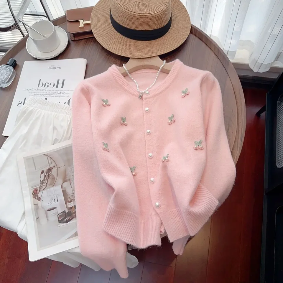 Jeseň Winter Pink Pletted Mardigan Dámsky sveter dizajn mäkké elegantné mikíky Trend dlhé rukávy gombíky Tops francúzske kabáty Cardigan
