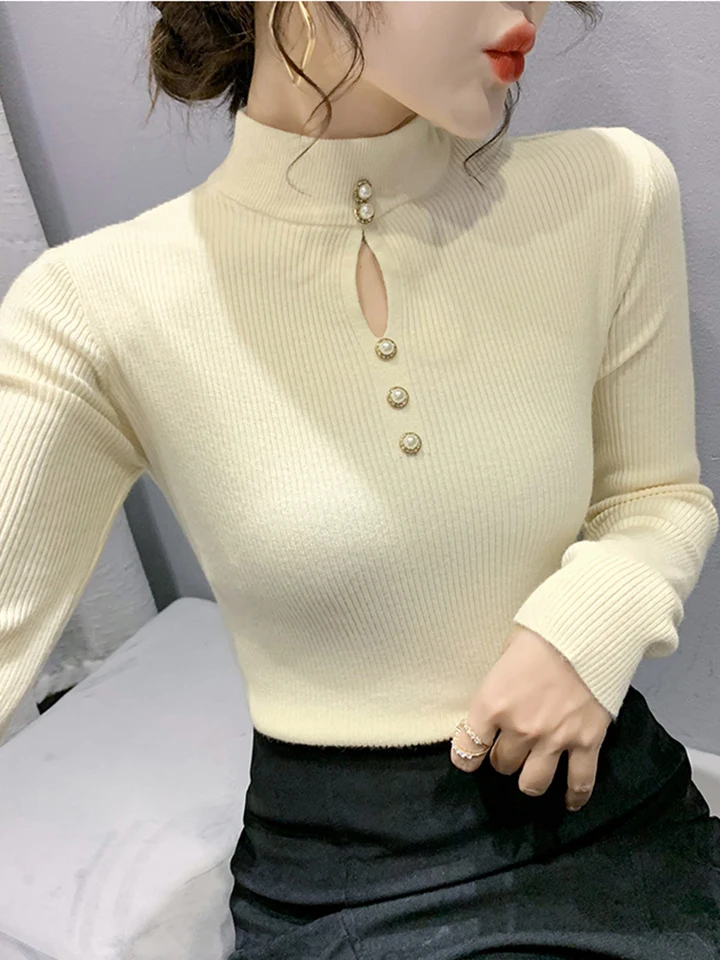 Jeseň Winter Pullovers Ženy dutiny Sweaters s dlhým rukávom Polovičný svetový sveter Žena štíhle kórejské pletene Tops 2024