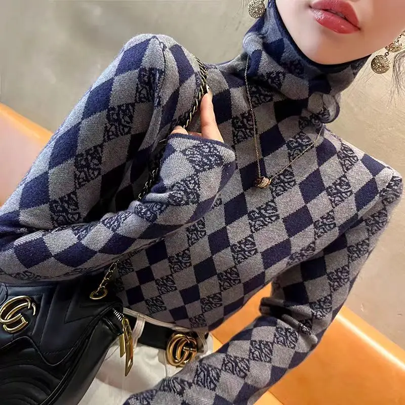 Jeseň Winter Vintage Plaid Jacquard Slim Sweaters Dámske oblečenie y2k elastická mäkká vlna Turtleneck