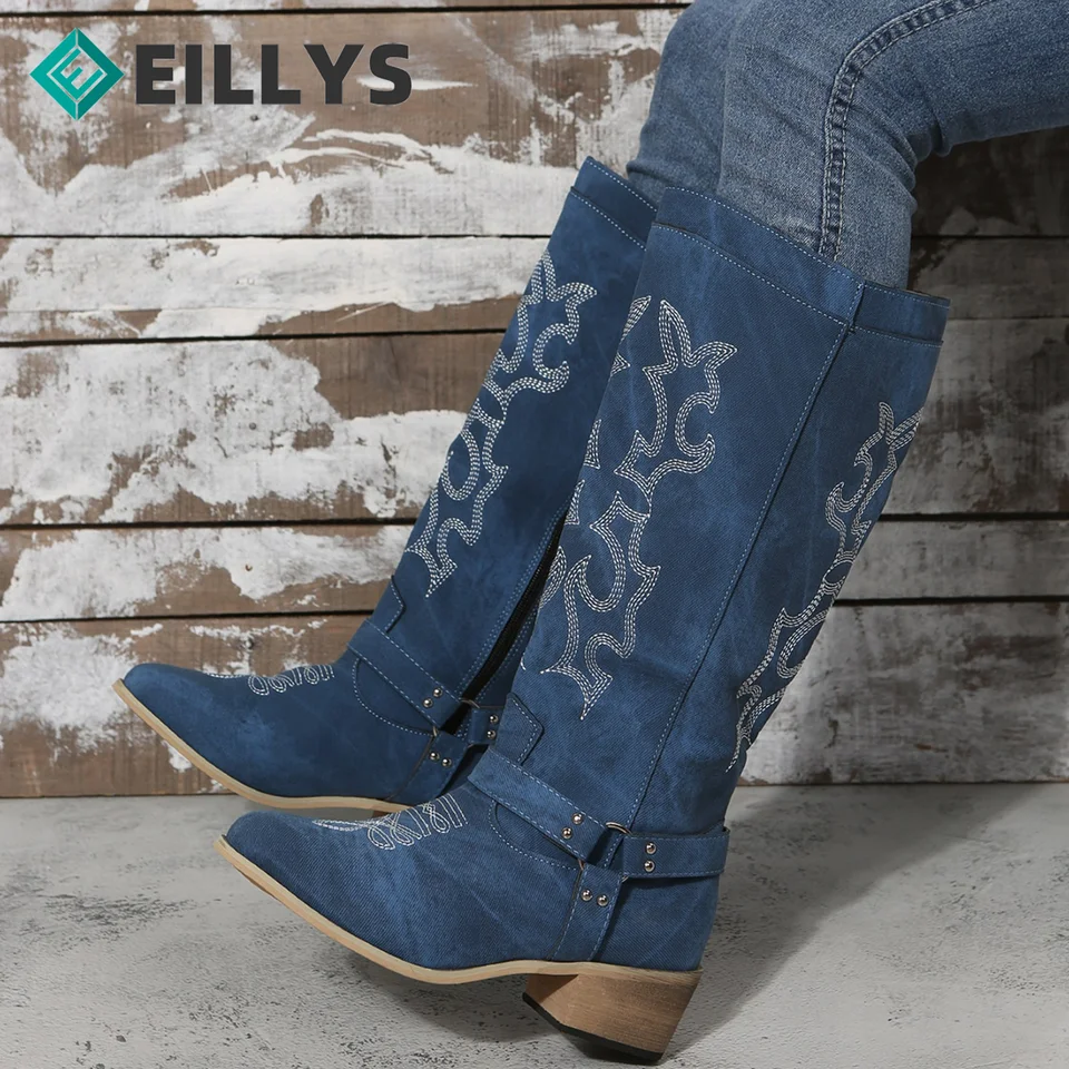 Jeseň Winter Woman Shoes 36-43 Stredné päty kovbojské topánky Ženy Knee vysoké topánky 2022 módne denim západné vintage topánky