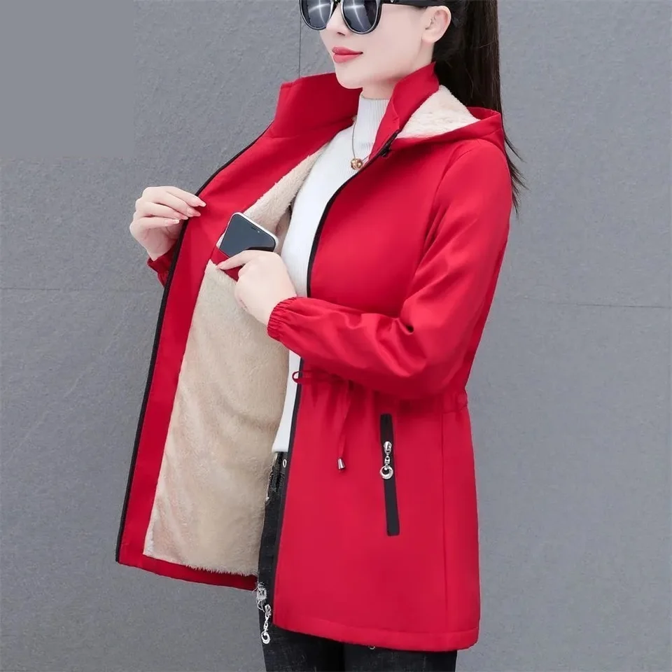 Jeseň Winter Women Windbreaker 2023New Velvet Warm Warm Midd Long s kapucňou Kórejské ženské topy Dámske bunda Slim Outwear 5xl