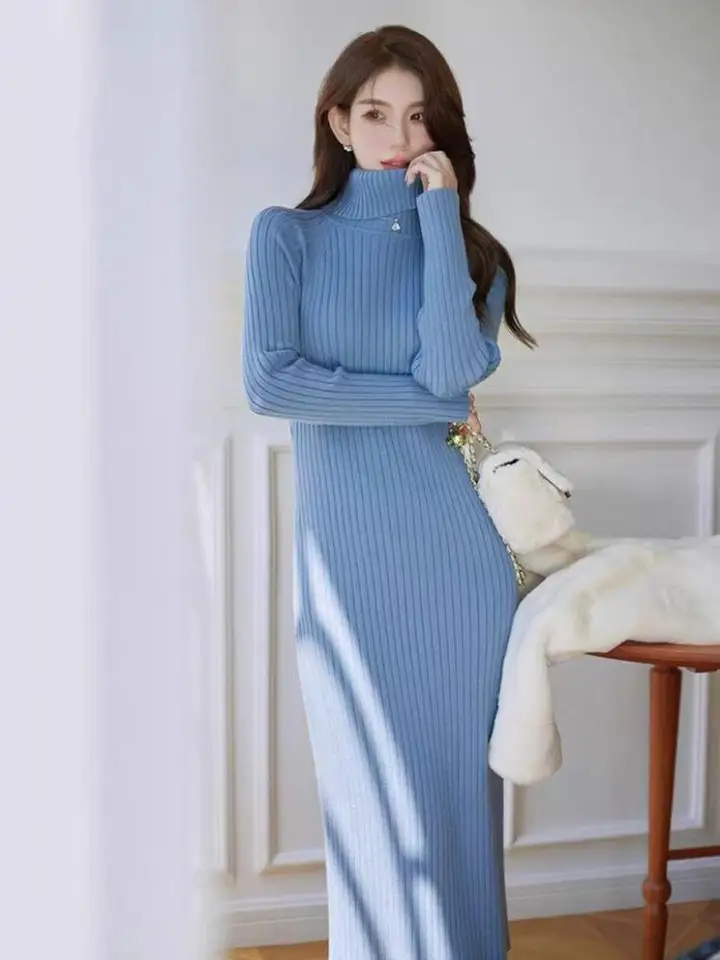 Jeseň zima biely sveter šaty móda ženský čierny dlhý rukáv Skinny Casy Turnisce Blue Turtleneck Kintted Wrap Hip Dress Women