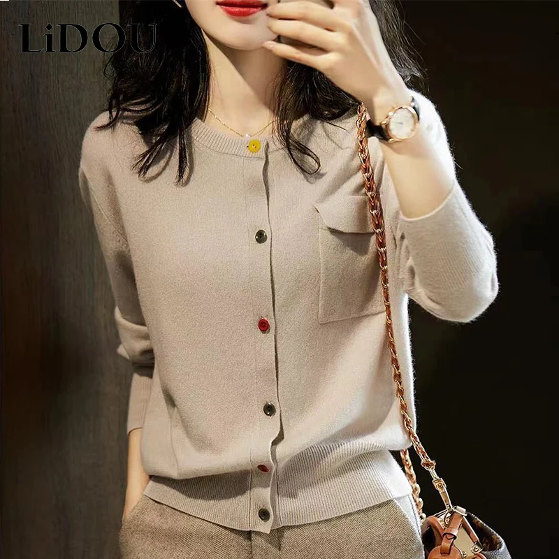 Jeseň zima Elegantná móda sladký elegantný Solid Sweater Dámske tenké gombíky Príležitostné pletené sveter