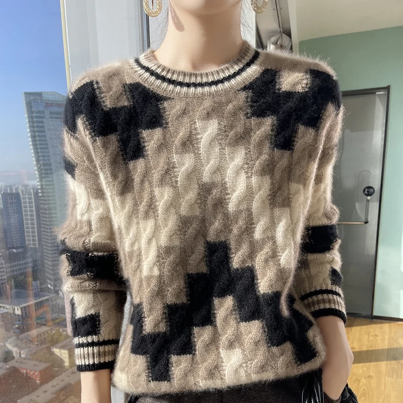 Jeseň zima hrubý okrúhly krk Jacquard Dámsky top 100% čisto vlna pletený sveter Dámsky dlhý rukáv Loose Loose Pullover tričko