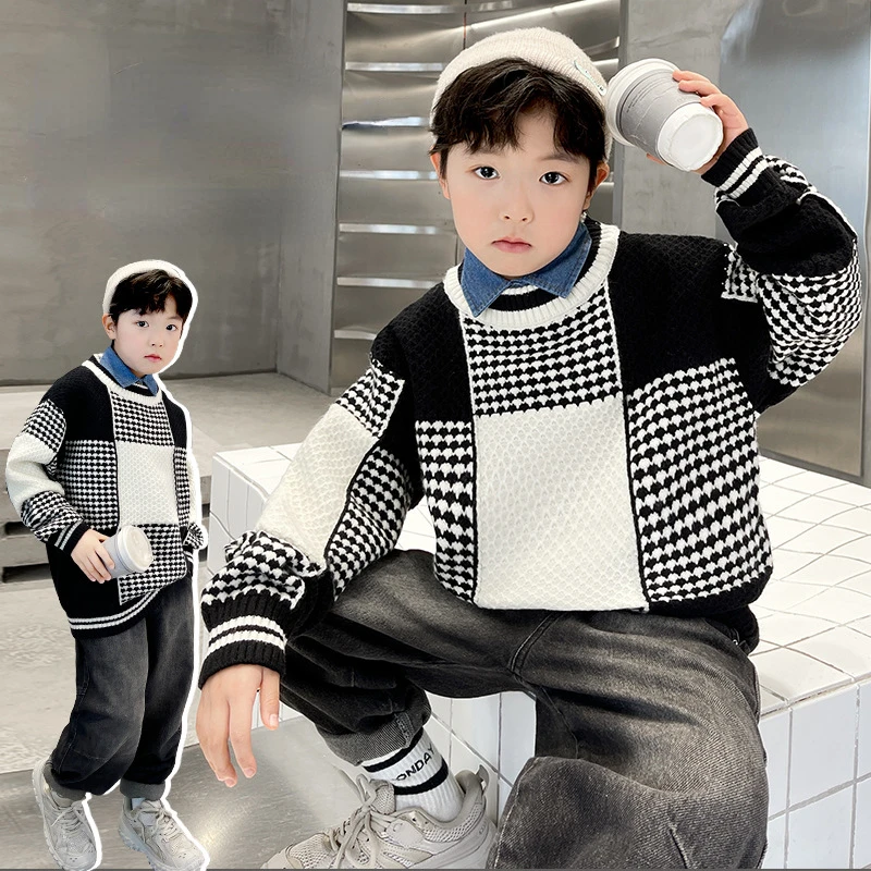 Jeseň zima Kids Boys Plaid Sweaters Pletited Pullover Childrens Soft Sweater Tops Móda Kórejské oblečenie 6 8 10 11 12 rokov