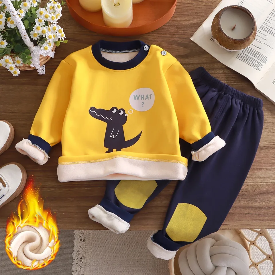 Jeseň zima Kids Zhrmenú teplé pyžamy chlapci Karikatúra Dinosaurus tlač pyžamy s dlhým rukávom Pyžamy