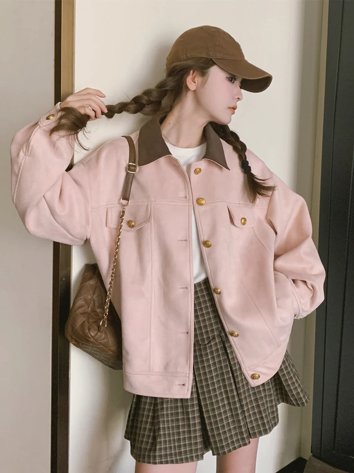 Jeseň zima Kórejská módna sladká ružová patchwork s dlhým rukávom bunda Ženy retro hnedé single -Breast Short Cardigan Coat Trend
