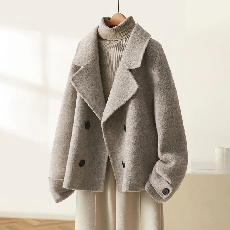 Jeseň zima Kórejské ženy vlnené kabáty bunda dvojité breasted Solid Solid Down Down Down Collar Klepel Žena Žena Kancelária Lady Tops Outwear