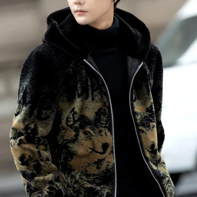 Jeseň zima Nová módna mikina s dlhým rukávom Leopard Lamb Wool Wool Trench Pánske oblečenie Kórejský zips Teplé všetko, čo sa týka celkových trendov Trend Topy