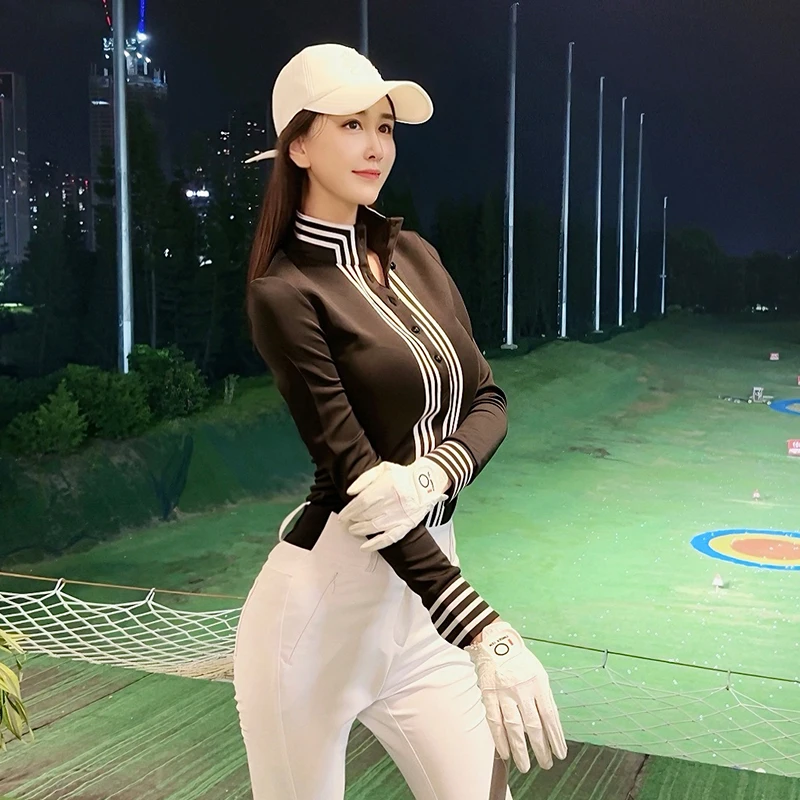 Jeseň zima Nový golfový oblek Žena s dlhým rukávom stojan na golier Stripe Polo košeľa Vysoké elastické nohavice ženský športový dres