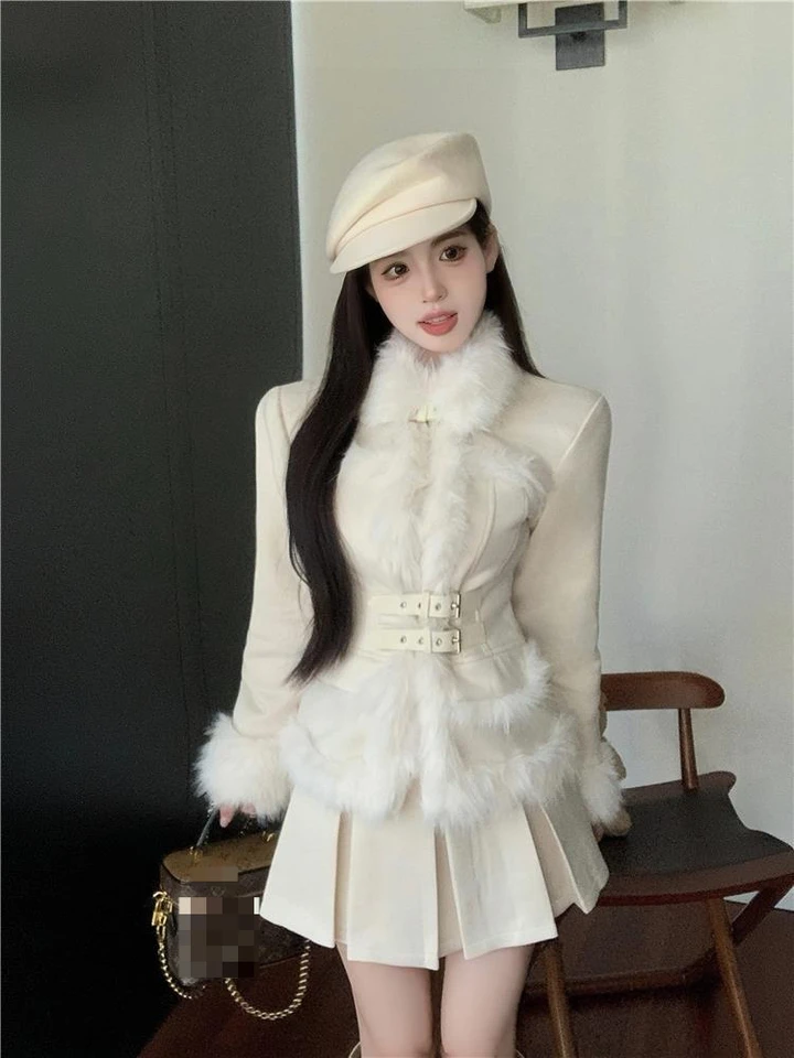 Jeseň/zima Nový plyšový zostrih Slim Short Coat High Pase Pleat sukňa Set Sladké elegantné biele dvojdielne súpravy Dámske oblečenie