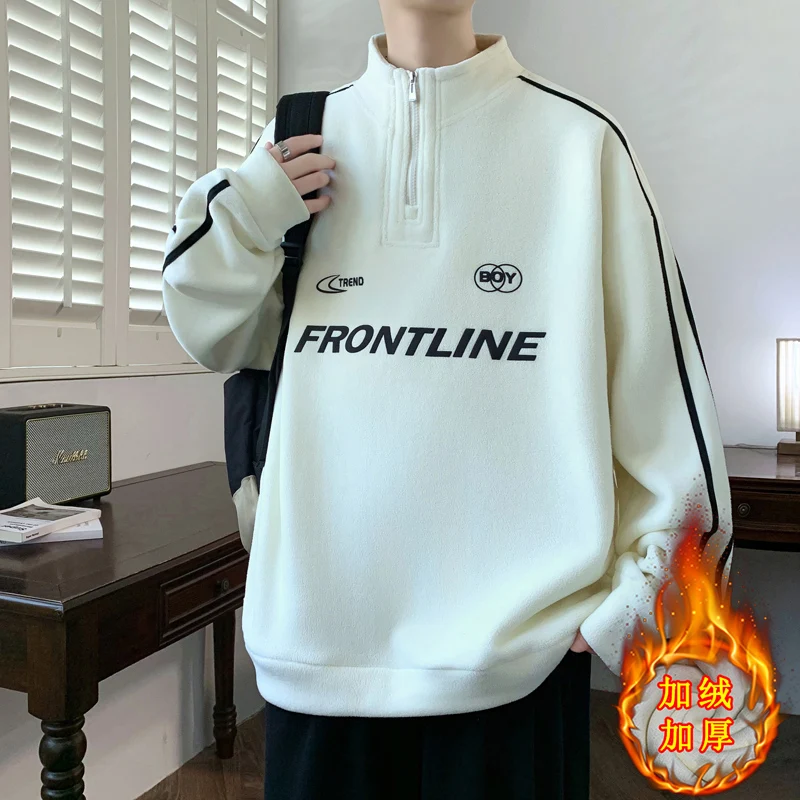 Jeseň zima príležitostné zipsové stánok golier fleece mikiny pánske módne tlač fleece mikiny voľného času mužov s dlhým rukávom