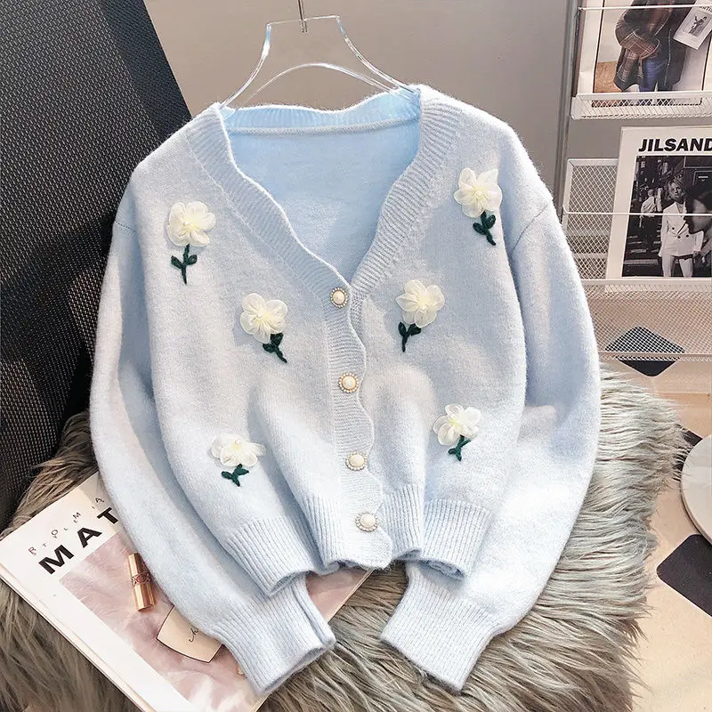 Jeseň zima sladká móda kvetinové v krku s dlhým rukávom Sweater Coat Women Opript Sladké gombíky pletajú