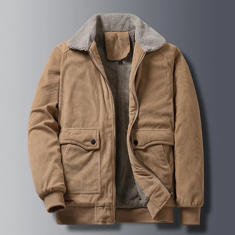 Jeseň zima vinobranie pánske kordery šerpa lemované bunda Warm Hustý nákladný plášť kabáty fleece windbreaker parkas vysokokvalitný