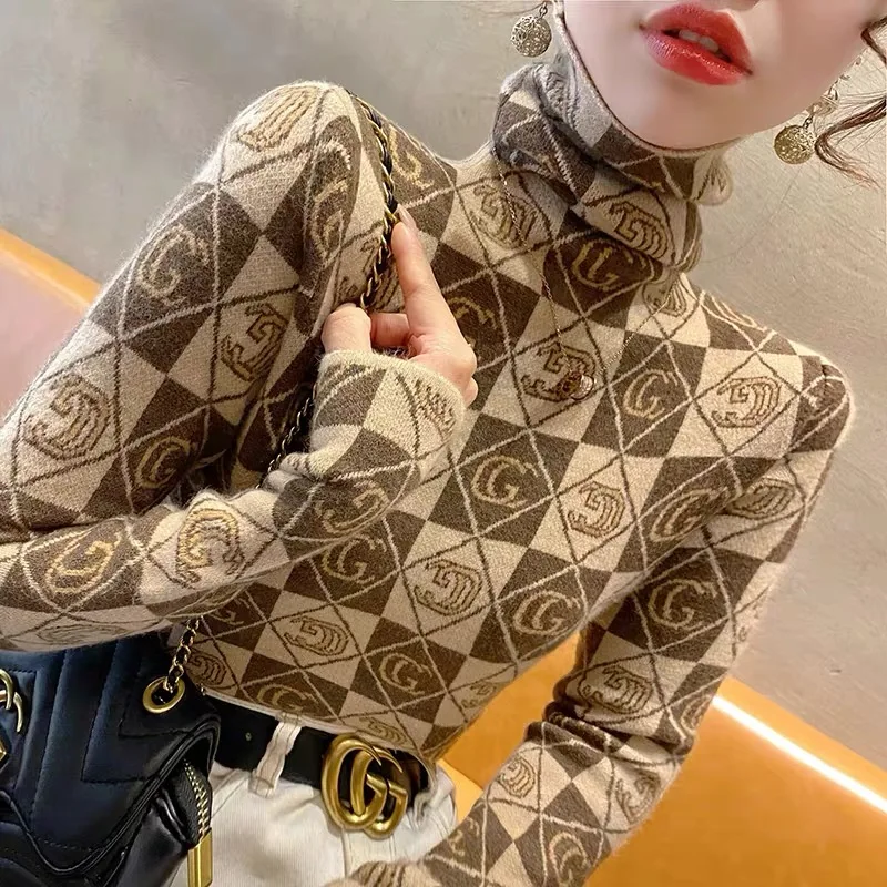 Jeseň zima vintage módna argyle pletená pullover Dámske oblečenie Príležitostné stretnutie Slim TurtleNeck Sweaters Office Lady Chic Top