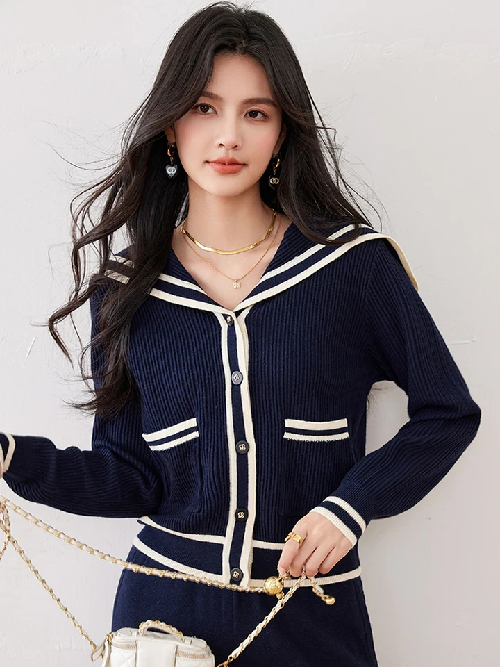 Jeseň zima Ženy Navy modré pletené sveter módne sladké sladké single Breast Sailor Collar Sweter