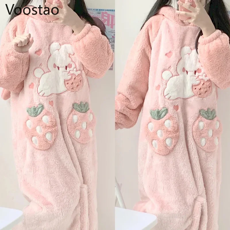 Jeseň zima Ženy sladké lolita jahodové zajačik koral fleece pyžamy šaty roztomilé králičie uši s kapucňou domáce oblečenie dievčenské pyžamy
