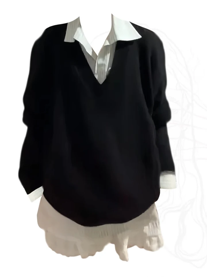 Jeseň zima Ženy Y2K Kórejský preppy oblečenie 3-kusové súprava Blouses s dlhým rukávom + pullovi v krku V + baletné jadro Mini sukňa