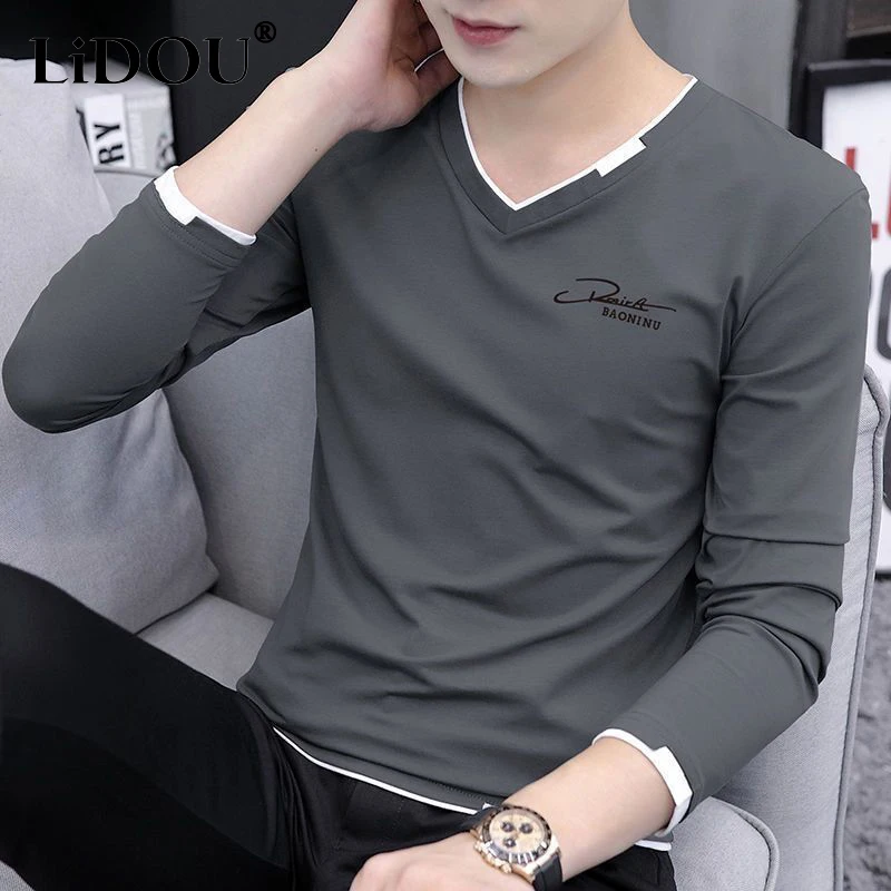 Jeseň Zimná móda Kórejská jednoduché temperament Tričko Tričko s dlhým rukávom bavlnené V-krk pevné farby Top Pullover Casual Streetwear