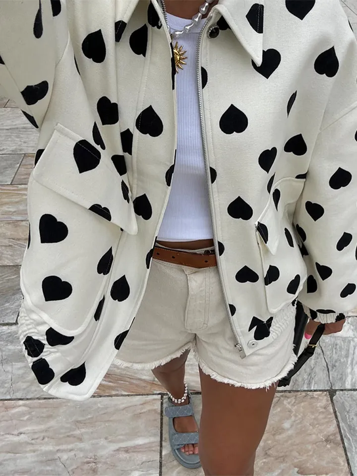 Jeseň Žena dochádzajúce na streetwear elegantné čierne polka srdcia bombardova bunda dám móda s dlhým rukávom vyklopí vreckový zipsový kabát