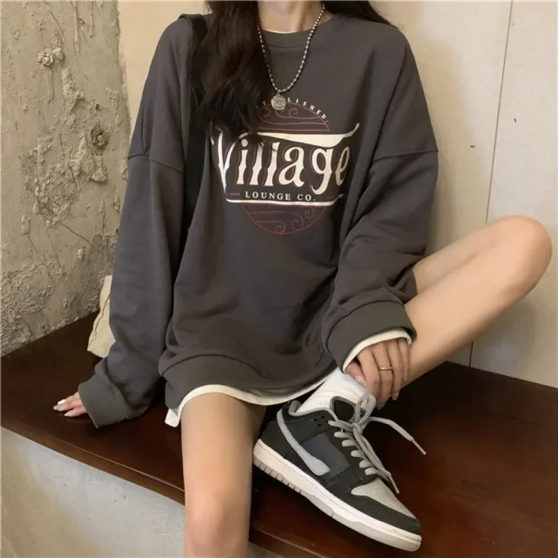 Jeseň Ženy kapucňa Kórejský voľný okrúhly krk Tenká mikina Zúrivá tenký rukáv Top Woman Coat Y2K Anime mikina