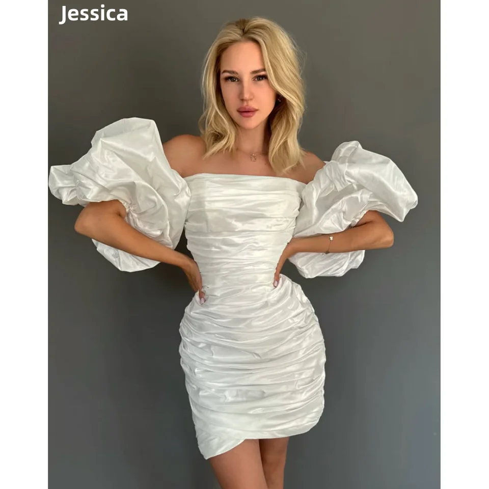 Jessica biele večerné šaty skladané oblátky rukávy plesové šaty z morskej panny s krátkym princeznou svadobné večierky
