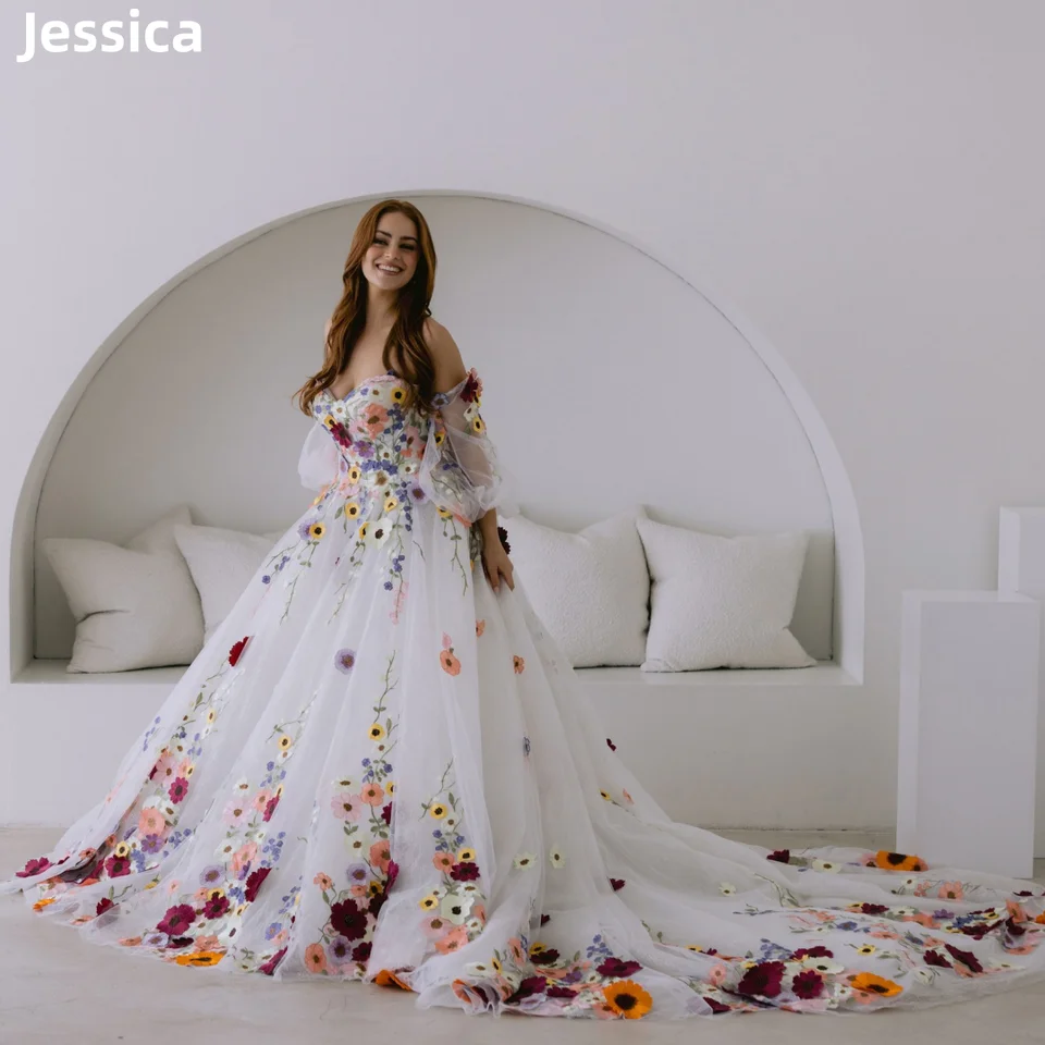 Jessica Flower Puff Ruckves Svadobné šaty výšivky kvetinové plesové šaty svadobné spoločenské šaty Vestidos de noche prispôsobiť