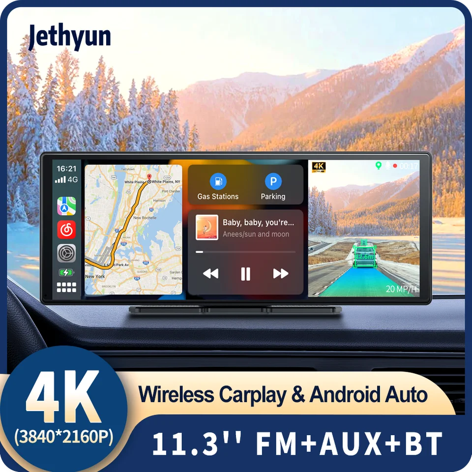 Jethyun 11,3 palca CarPlay Car DVR 4K Foward Camera ADAS Dash Dash CAM CARPLAY Android AUTOMON MONITROL AirPlay SCREEBORD DASHOOC Recorder