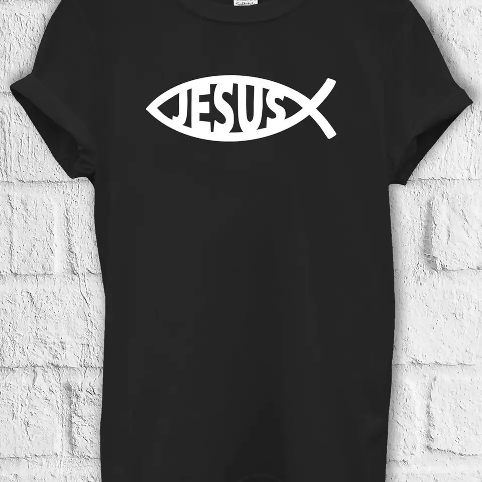 Ježiš Fish Symbol God Cool tričko pot jute taška pre deti baseball pullover baggy priateľ 3444