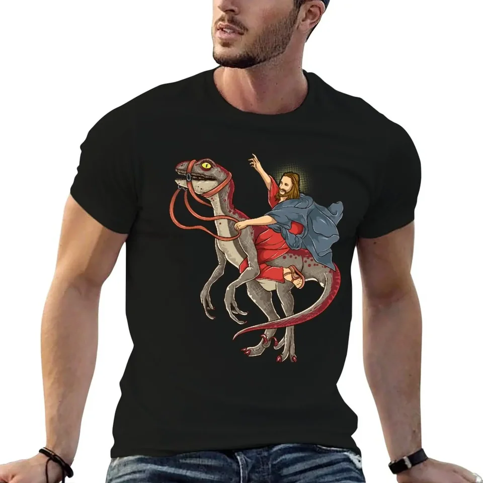 Ježiš jazdí na dinosaurovej košeli Raptor Dinosaur Parody Tričko Čierne ťažké váhy tričká Muži