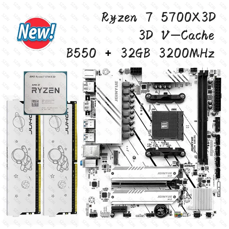 Jginyue B550 Sada základnej dosky AMD Ryzen 7 5700X3D Kit s DDR4 32GB 3200MHz Podpora NVME M.2 M-ATX Gameing Combo Combo Combo Combo
