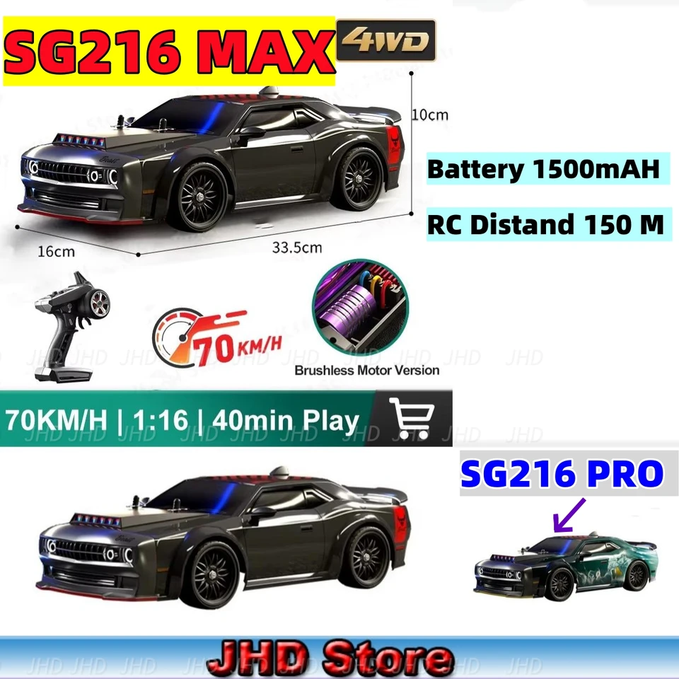 JHD SG216 Max RC CAR 70+ KM/H VODNÉ VOZIDLO VOZIDLA VOZIDLO 1:16 BRSESLESS 4WD RC CAR ZLL SG216PRO 40 km/h