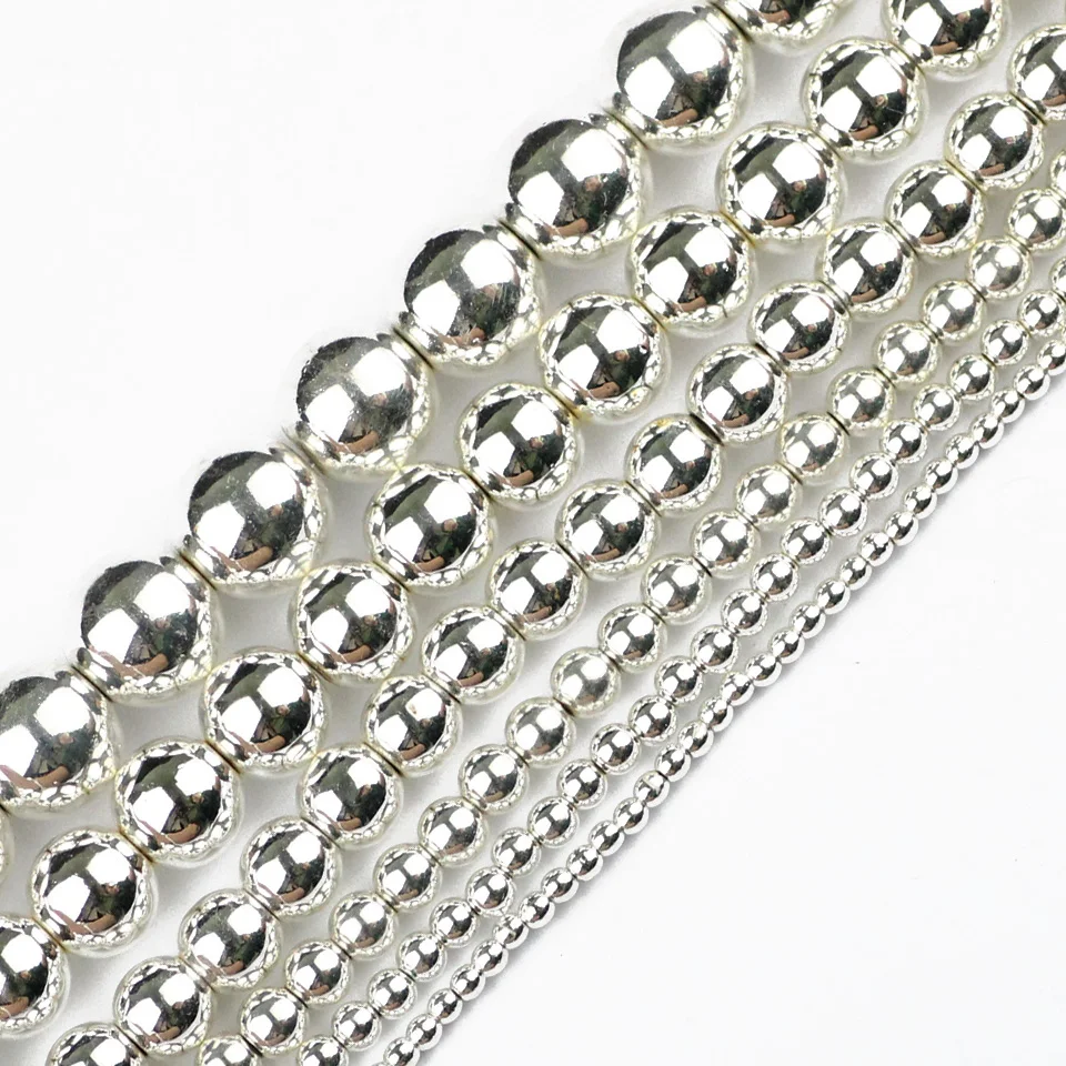 Jhnby White Gold Color Round Hematit Práľové korálky 2/3/4/6/8/10 mm prírodný kameň Loose Loose Percerry náramky náhrdelník DIY príslušenstvo
