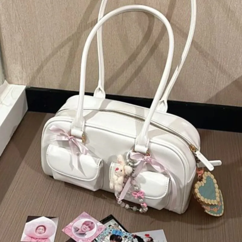 Jiaerdi retro biela bowlingová taška kabelka Dámske horúce dievčatá kožené vrecko Chic Casual kabelka Žena vintage tašky na rameno estetické