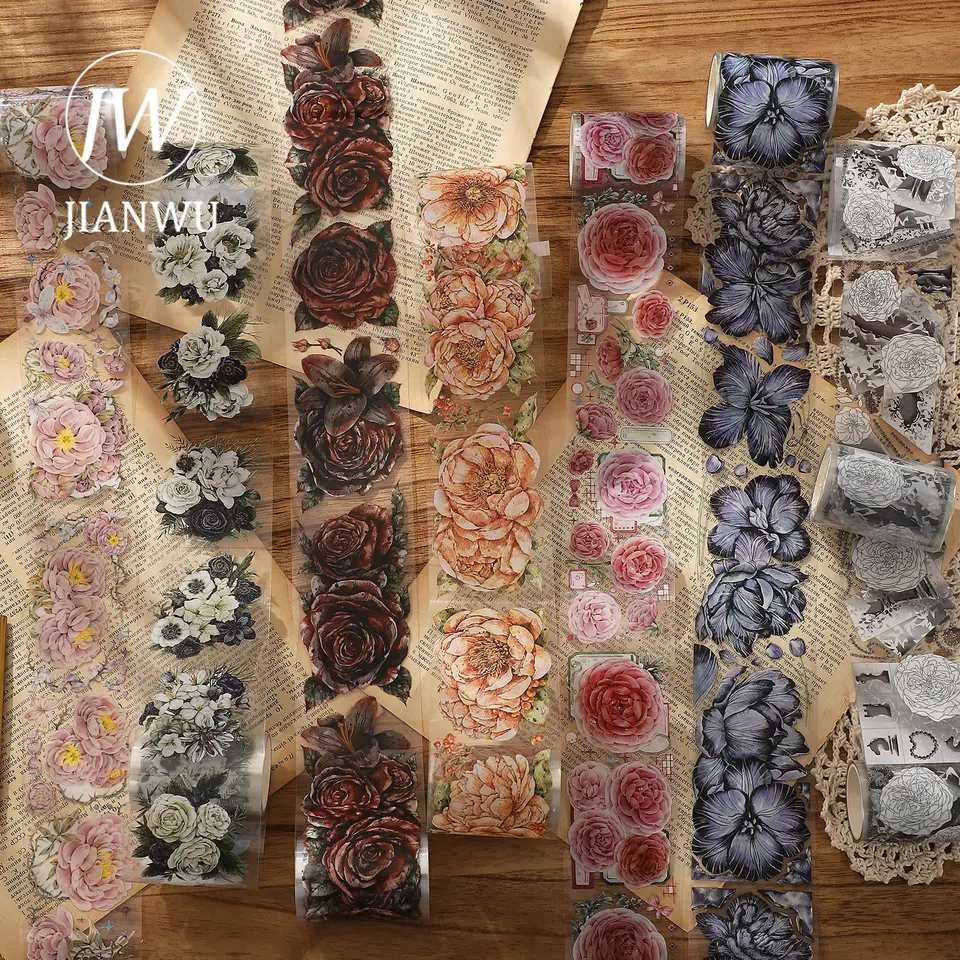 Jianwu 200 cm vintage kvetinová krajina biely atrament lesklá maznáčik Tape Creative DIY Journal Scrapbooking Collage Decor Stationery