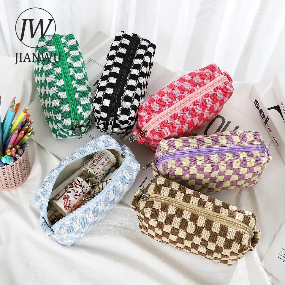 Jianwu Ins Checkerboard pletená ceruzka Cencil Kreatívna veľká kapacita Študentský úložný priestor na skladovanie Peruzu Cencil School Supplies