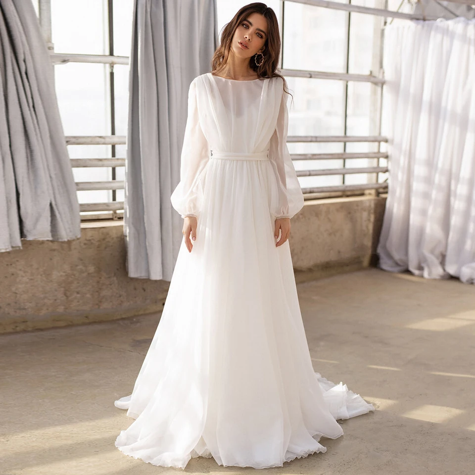 Jiayigong skromné ​​svadobné šaty Puff rukávy o krk jednoduché šifónové nevesty šaty backless the line mame vlakom boho svadobné šaty