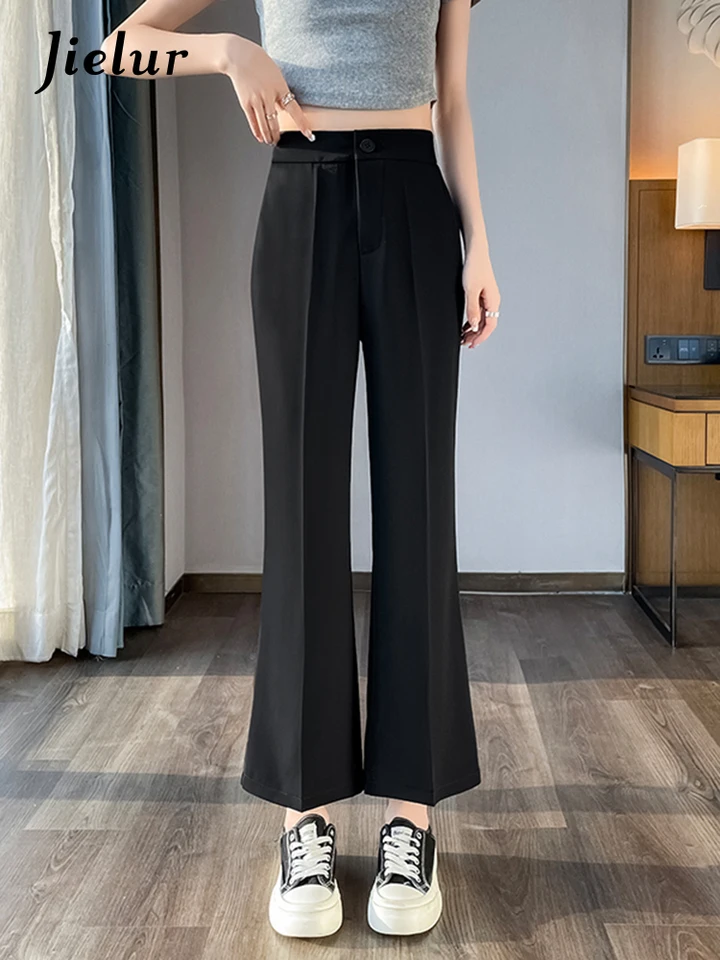 Jiellur oblek vysoký pás Žena Flare Pants Jednoduché módne pracovné oblečenie leto Čierny čierny pás s vysokým pásom Slid Color