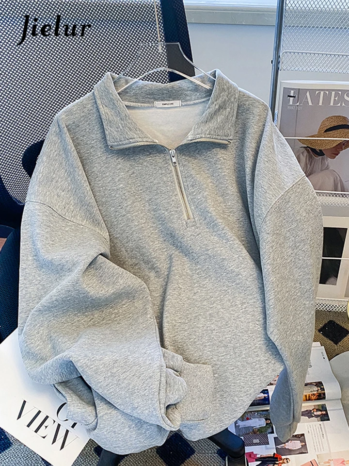 Jielur jeseň Half Turtleneck Zipper Loose Mikina Ženy Kórejské módne príležitostné šedé mikiny Žena Pullover Streetwear M-XL