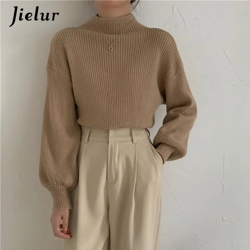 Jielur Lantern Ruckve Sweater Ženy Turtleneck Office Lady Pure Color Pleted Pullover Loose White Khaki Svetres for Women
