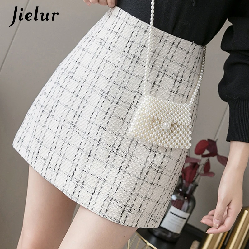 Jielur ženy sukňa sukňa A-line Slim High Pasper Zipper Autumn Winter Black Mini sukne dámske elegantné saia faldas korean s-xl kockované sukne