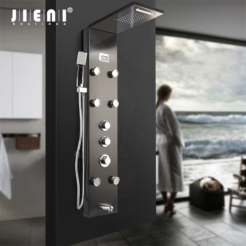 Jieni čierny digitálny displej kúpeľňa Kúpeľňa Sprchovací stĺp nikel Brushed Ručná sprchová sprcha Masáž kúpeľne Jets Bath LED sprchovací panel faucet