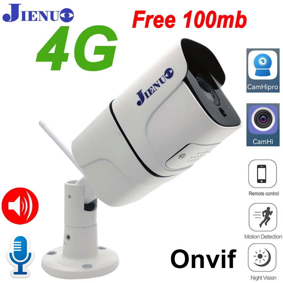 Jienuo 4G IP Camera SIM karta zadarmo 100 MB nepremokavá CCTV Security Surveillance Dvojcestná zvuková nočná vízia HD Wireless Home Cam 4G