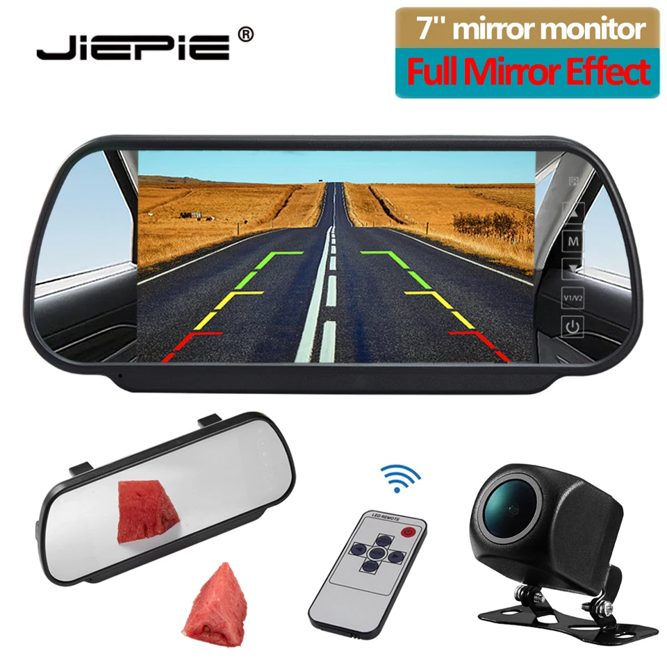 JIEPIE 7 palcový reverzný monitorový súprava fotoaparátu, View Car Parking White Mirror Monitor s kamerou Zadný výhľad nočného videnia