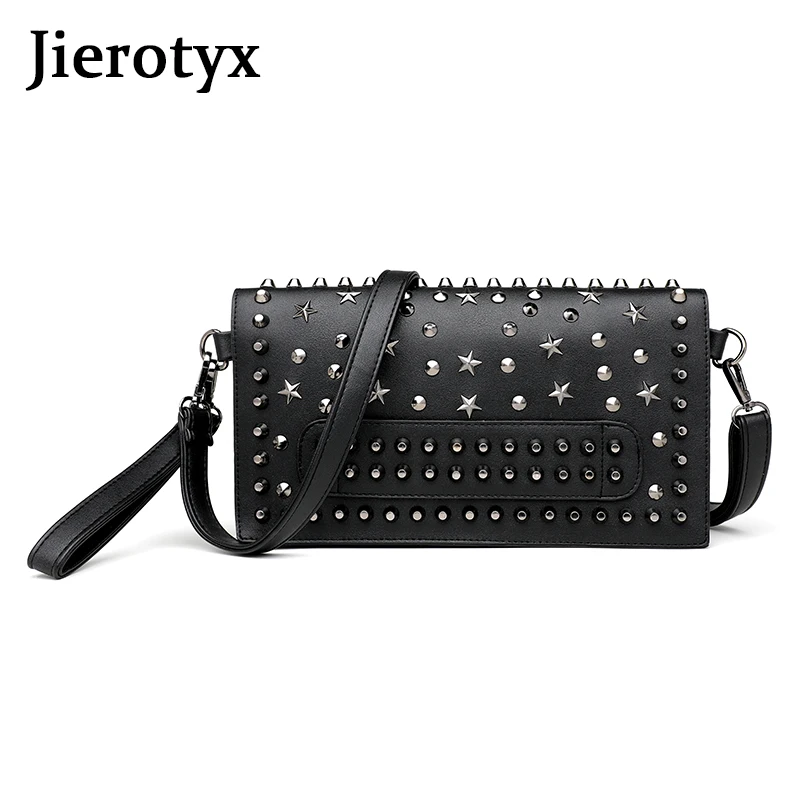 Jierotyx Ženy módne rivet tote tote real Split Shee Leather Messenger tašku cestovné krížové feminina čierne punkové kabelky Dropship
