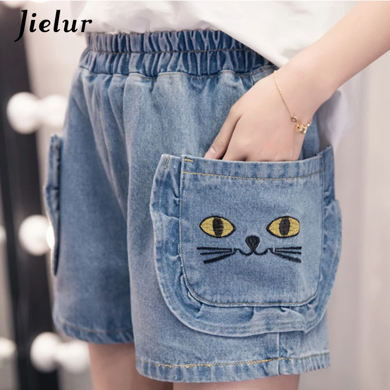 JIEUR S-5XL Veľkosť kawaii výšivky mačky džínsy Žena vrecko na široké nohy džínsy s vysokým pásom letné spodnie damskie Jeansy