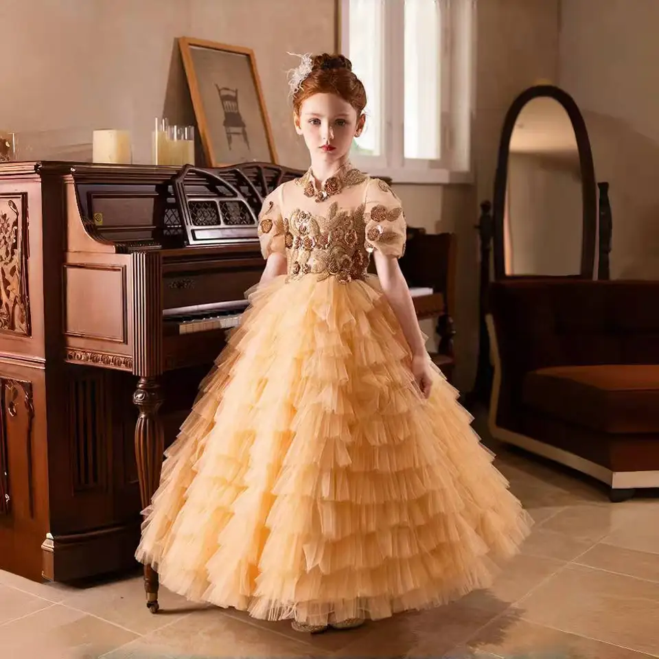 Jill Wish Elegantné zlato s vysokým krkom kvetinové šaty odstupňované princezné deti svadobné narodeniny sprievodné párty večerné šaty J298