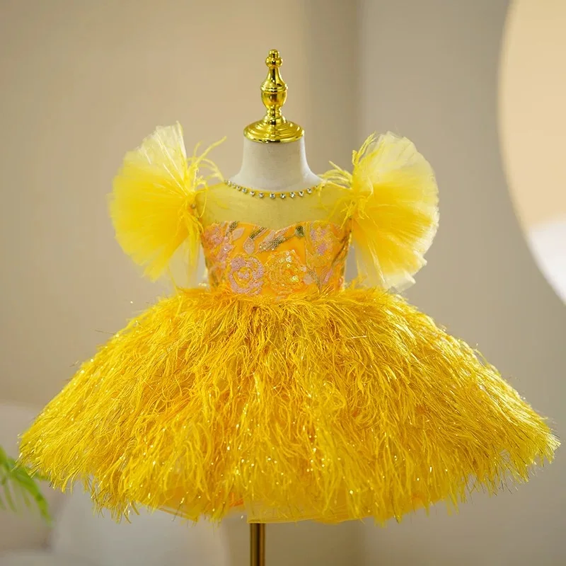 Jill Wish Gold Flower Girl Desia s čipkou princezná nafúknuté rukávové batoľa deti Svadba 1. narodeniny sprievodná párty šaty J424