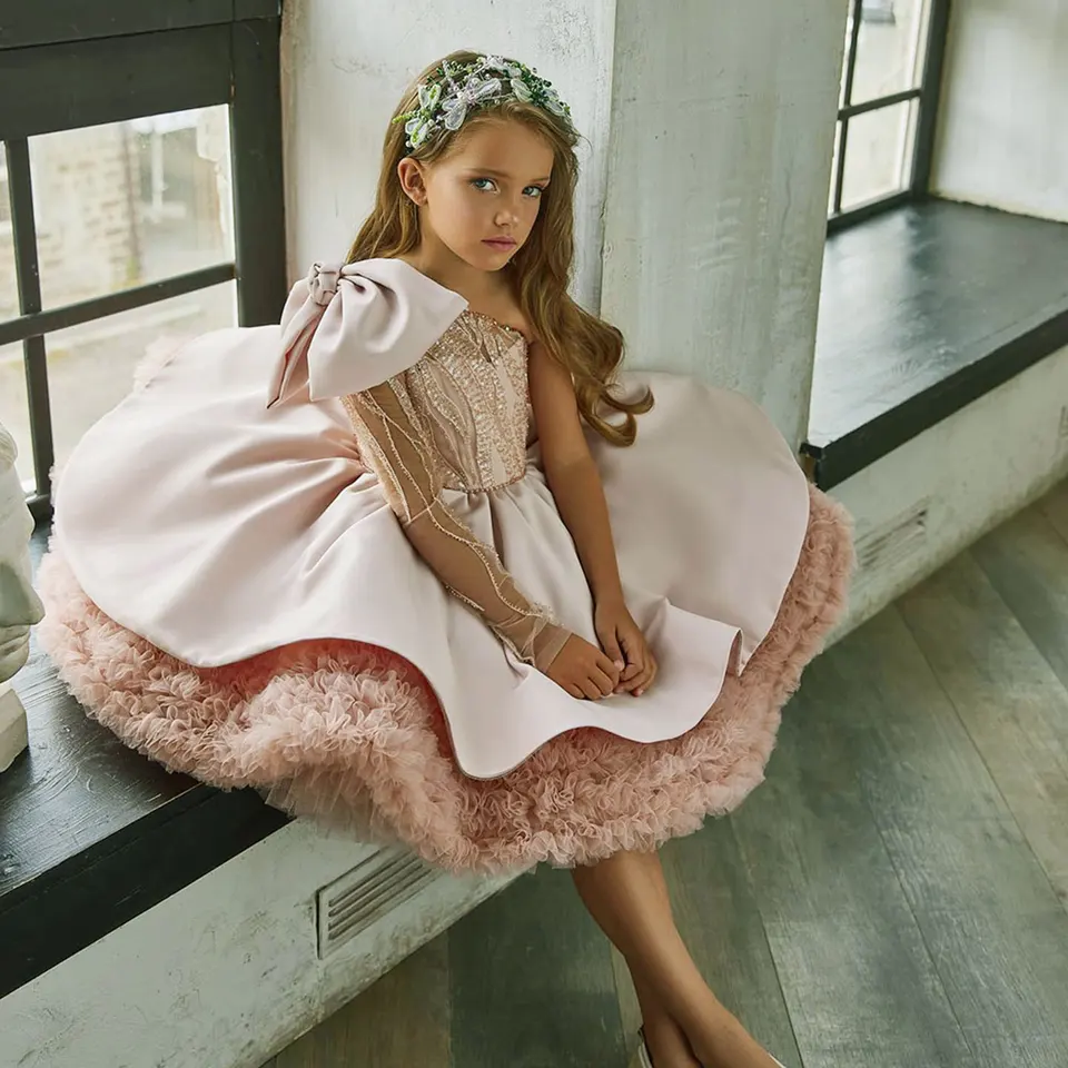 Jill Wish Luxury Elegant Pink Flower Girl Šaty luk Flifred Blue Princess Gown pre deti svadobné narodeninové spoločenstvo Party J148