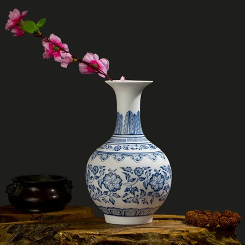 Jingdezhen-Ceramic Blue and Biely porcelánová váza, dekorácia obývacej izby, usporiadanie domácich kvetov, neglazovaný ornament